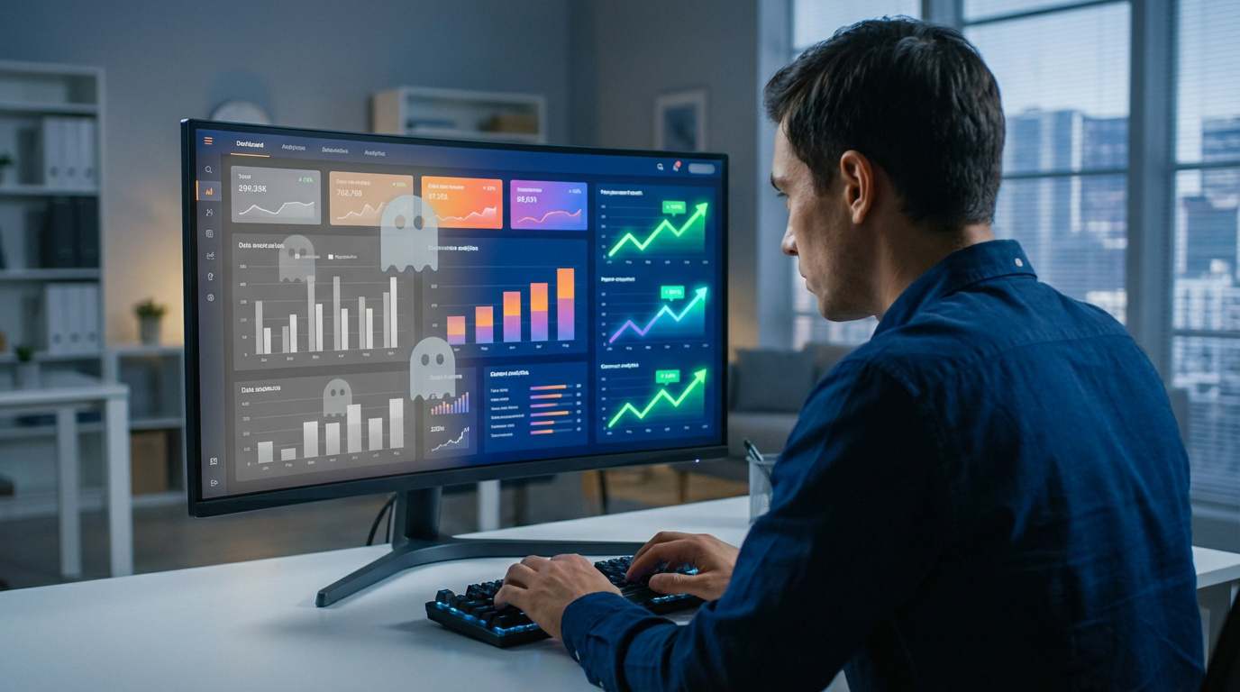 Homme en chemise bleue devant un écran d'ordinateur affichant un tableau de bord analytique avec graphiques et icônes de fantômes, tapant sur un clavier.