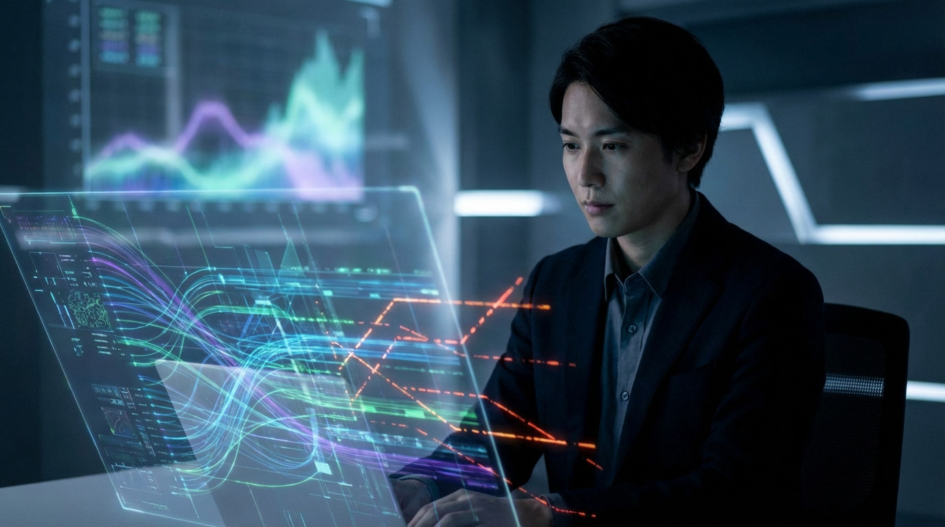 Jeune homme analysant des données SEO complexes sur un écran holographique futuriste, symbolisant l'optimisation.