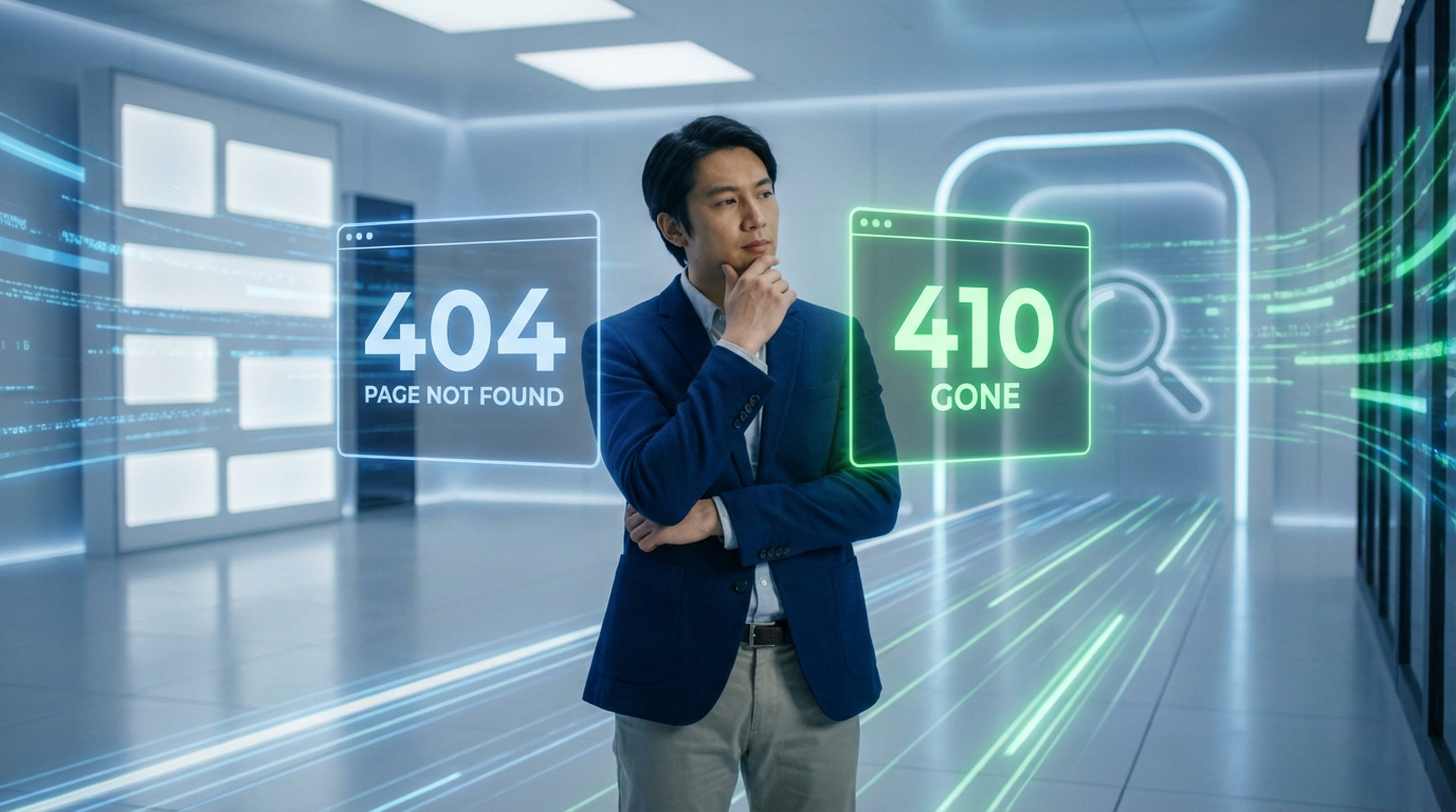 Homme asiatique pensif entre deux écrans holographiques affichant "404 Page Not Found" (bleu) et "410 Gone" (vert).