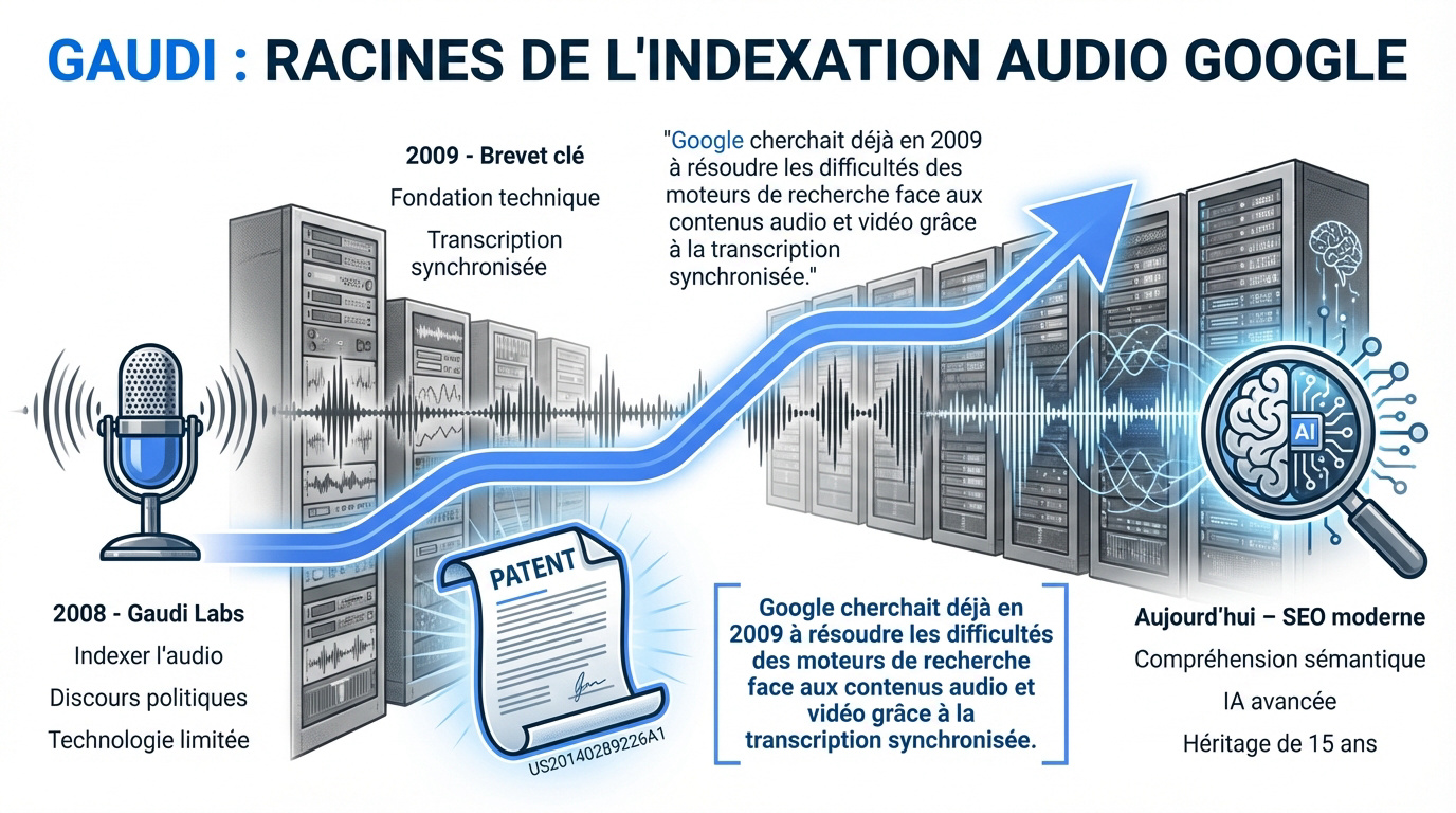 Illustration historique du projet Google Gaudi pour l'indexation audio et vidéo