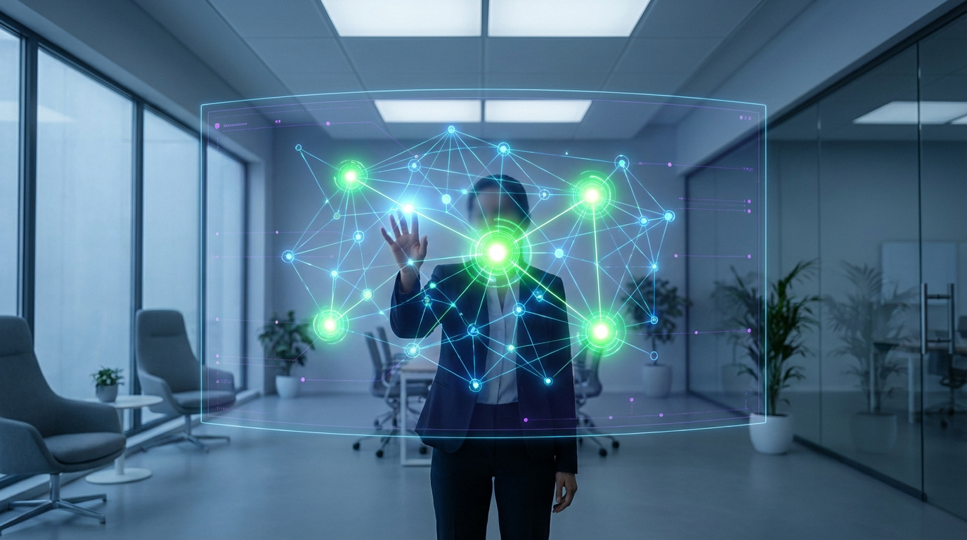 Stratégie de réseau numérique et backlinks de qualité Personne interagissant avec un réseau holographique lumineux dans un bureau moderne, symbolisant la connectivité et la stratégie.