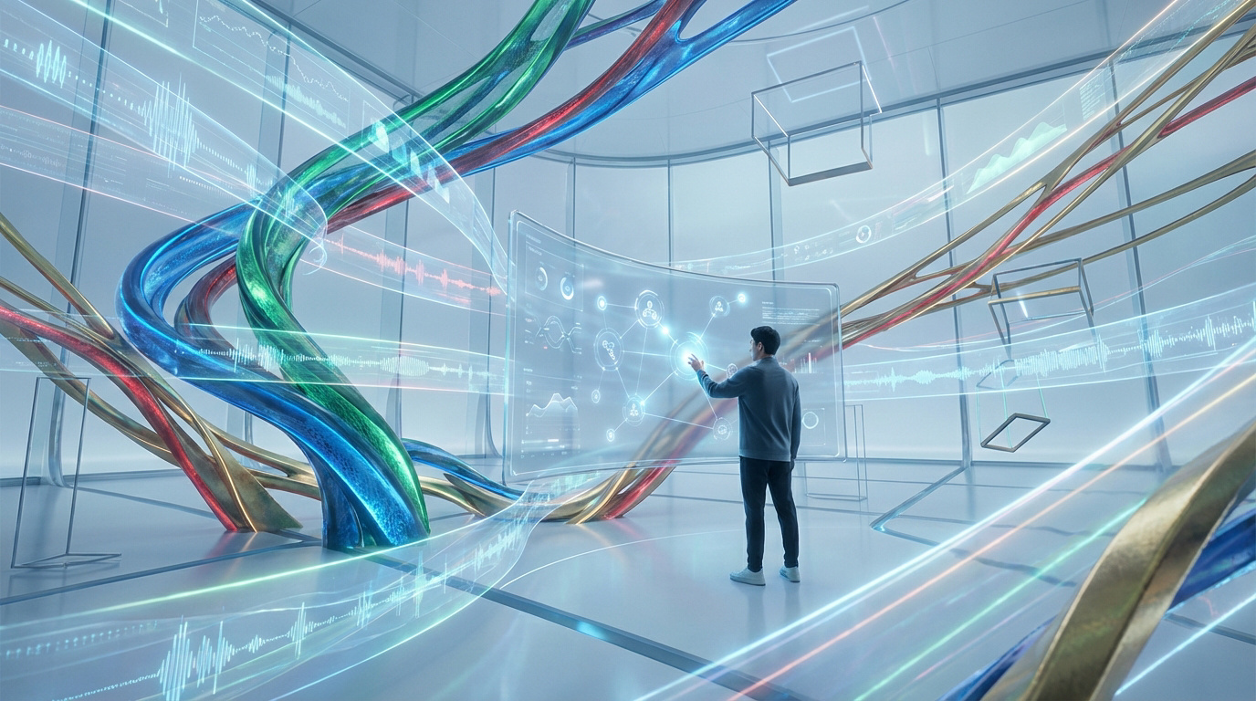 Homme interagit avec un écran holographique affichant des données complexes, dans un espace futuriste avec des câbles lumineux et des ondes sonores.