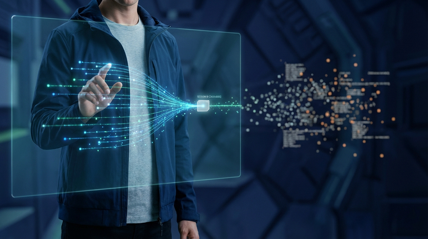 Une personne interagit avec une interface numérique holographique, visualisant un ID de session et des flux de données.