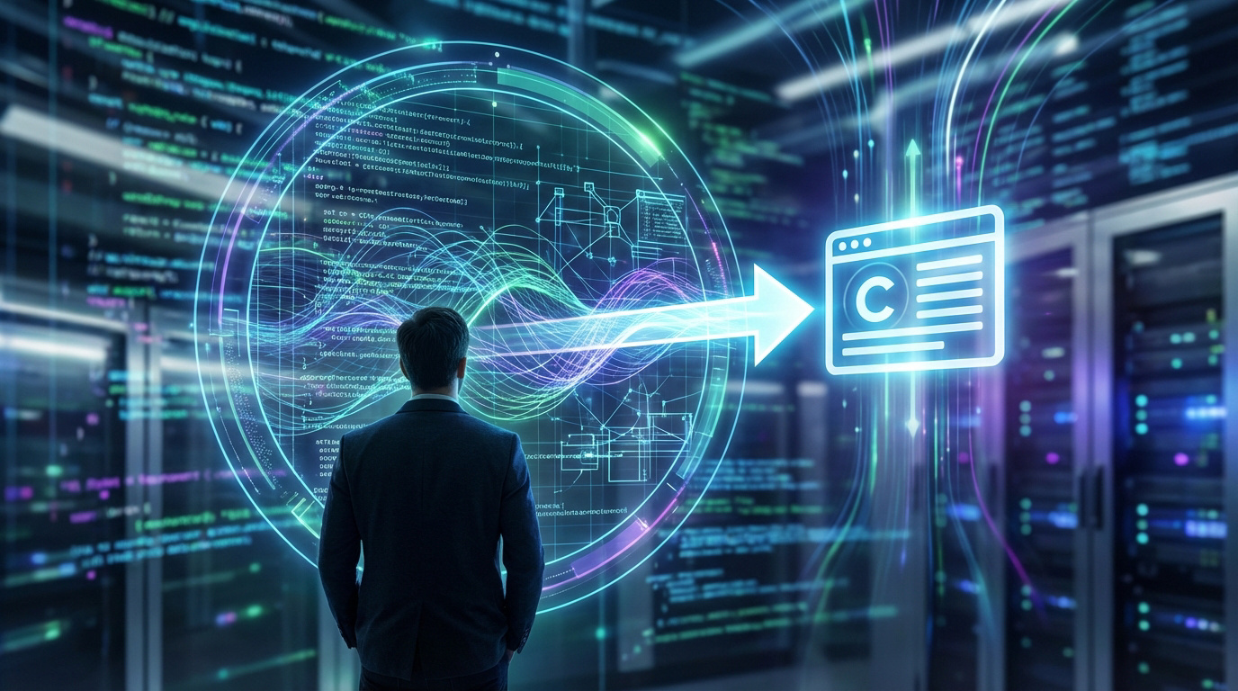 Un professionnel examine un flux de données et du code, dirigeant une flèche vers une icône d'URL canonique dans un data center lumineux.