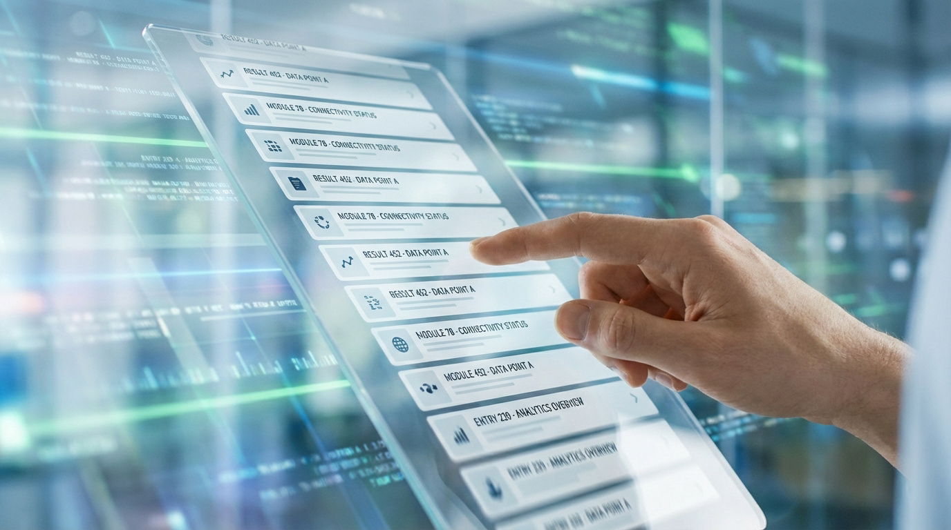 Main sélectionnant un élément dans une longue liste de données numériques sur une tablette transparente futuriste, fond flou.