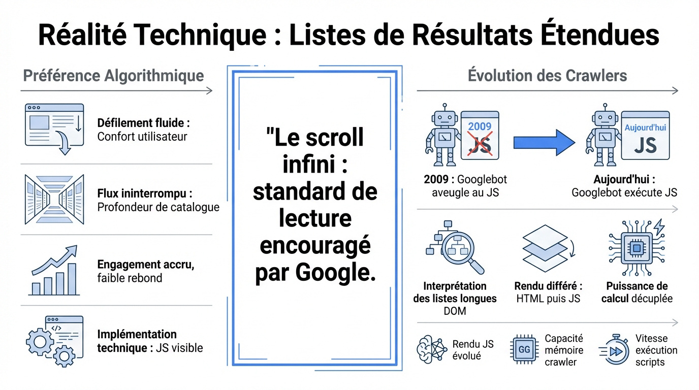 Schéma technique de l'indexation des listes de résultats étendues par Googlebot