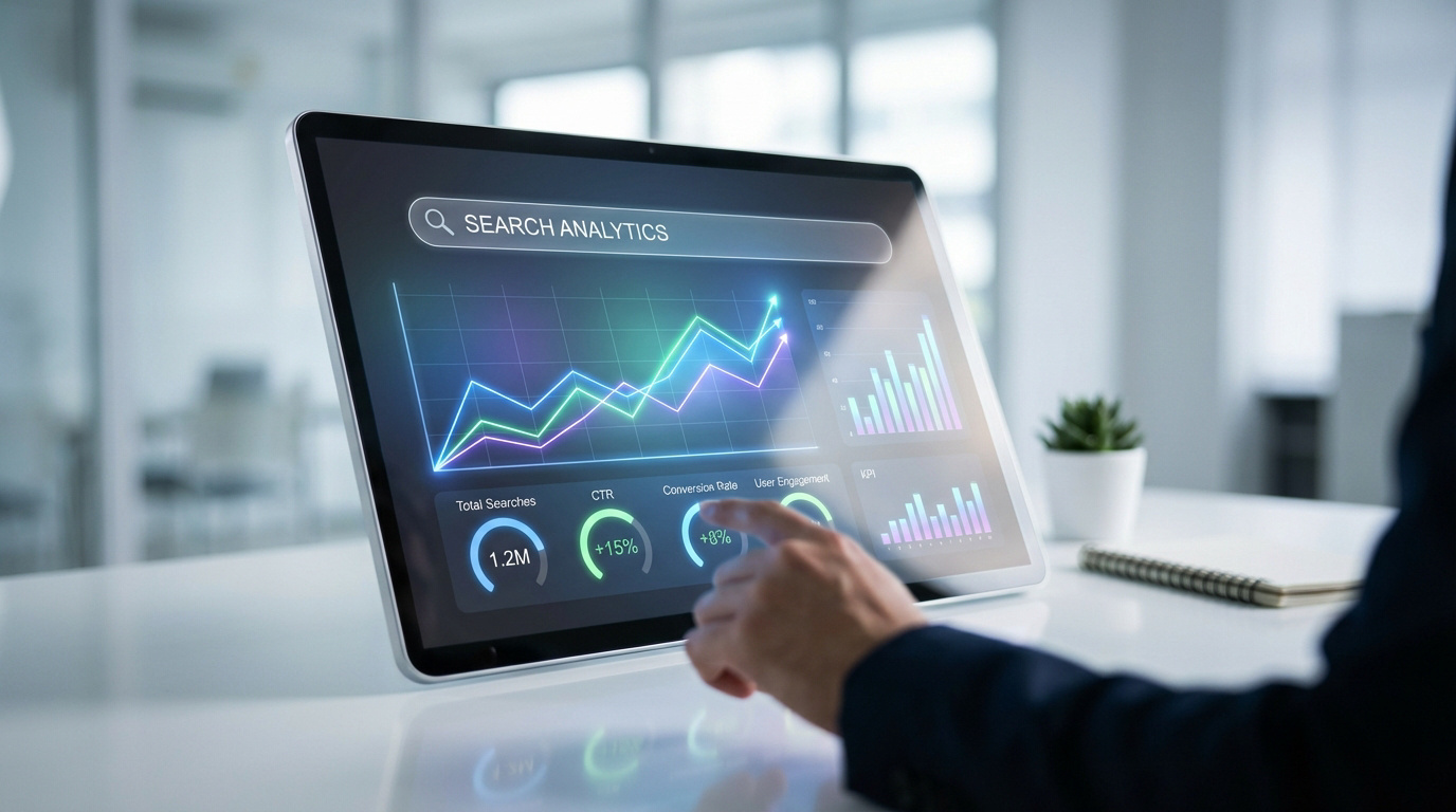 Main interagissant avec une tablette affichant un tableau de bord d'analyse de la recherche avec graphiques de croissance et KPIs.