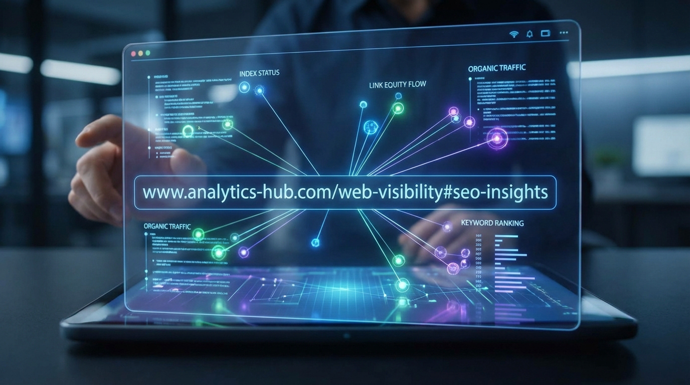 Écran holographique interactif montrant un tableau de bord SEO avec l'URL #seo-insights, trafic et classement des mots-clés.