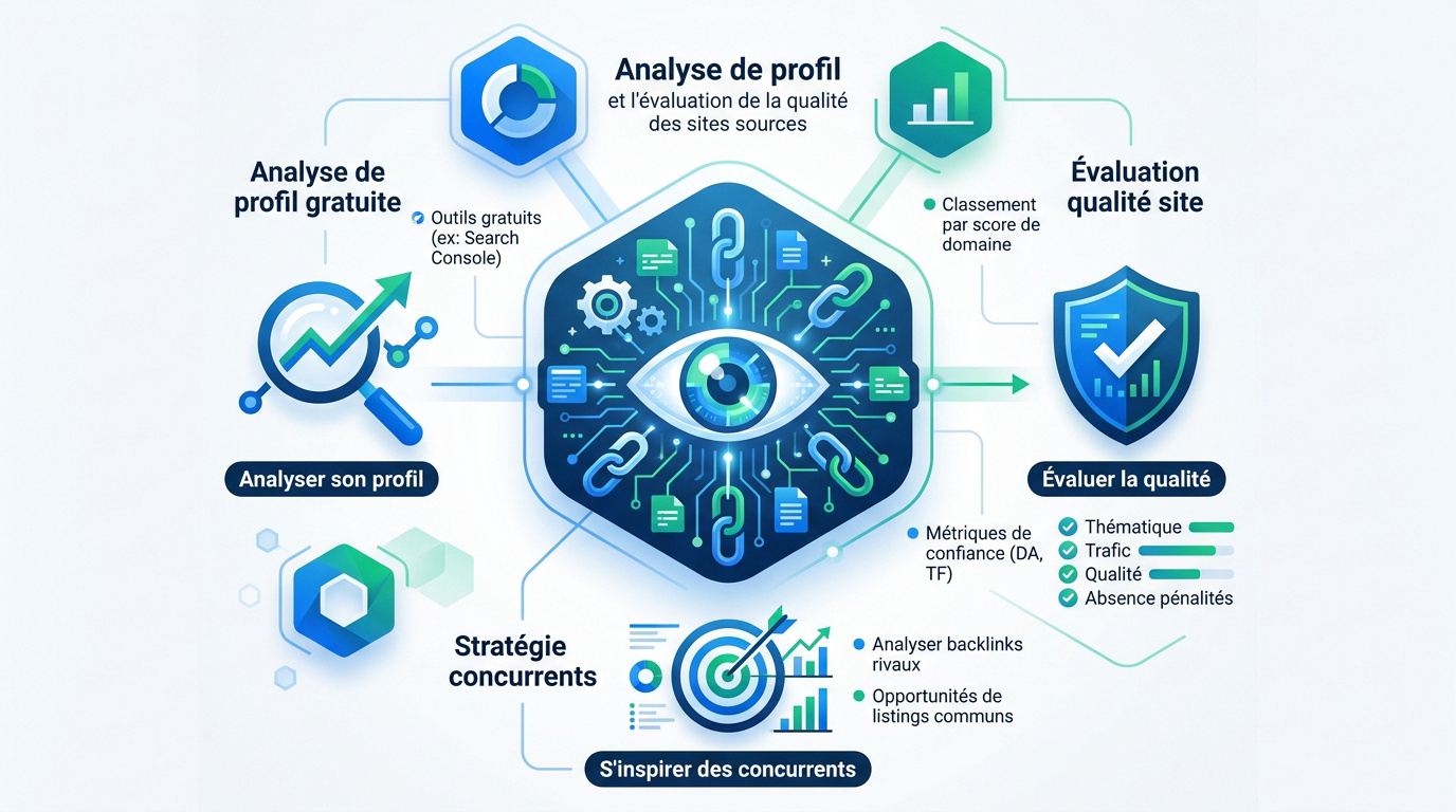Infographie détaillant l'analyse SEO et la stratégie de netlinking concurrentielle