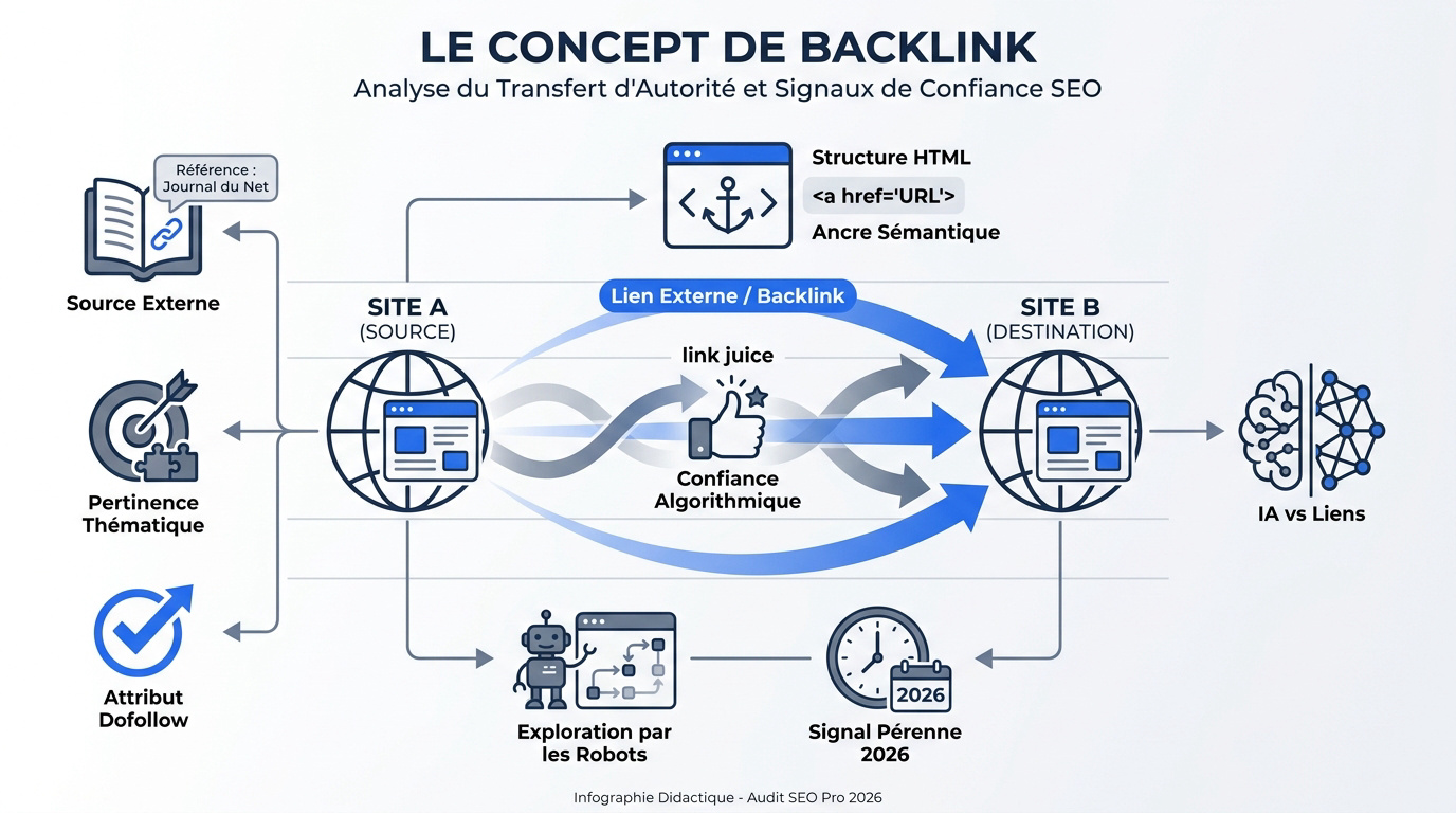 Schéma expliquant le transfert d'autorité SEO via un backlink entre deux sites web