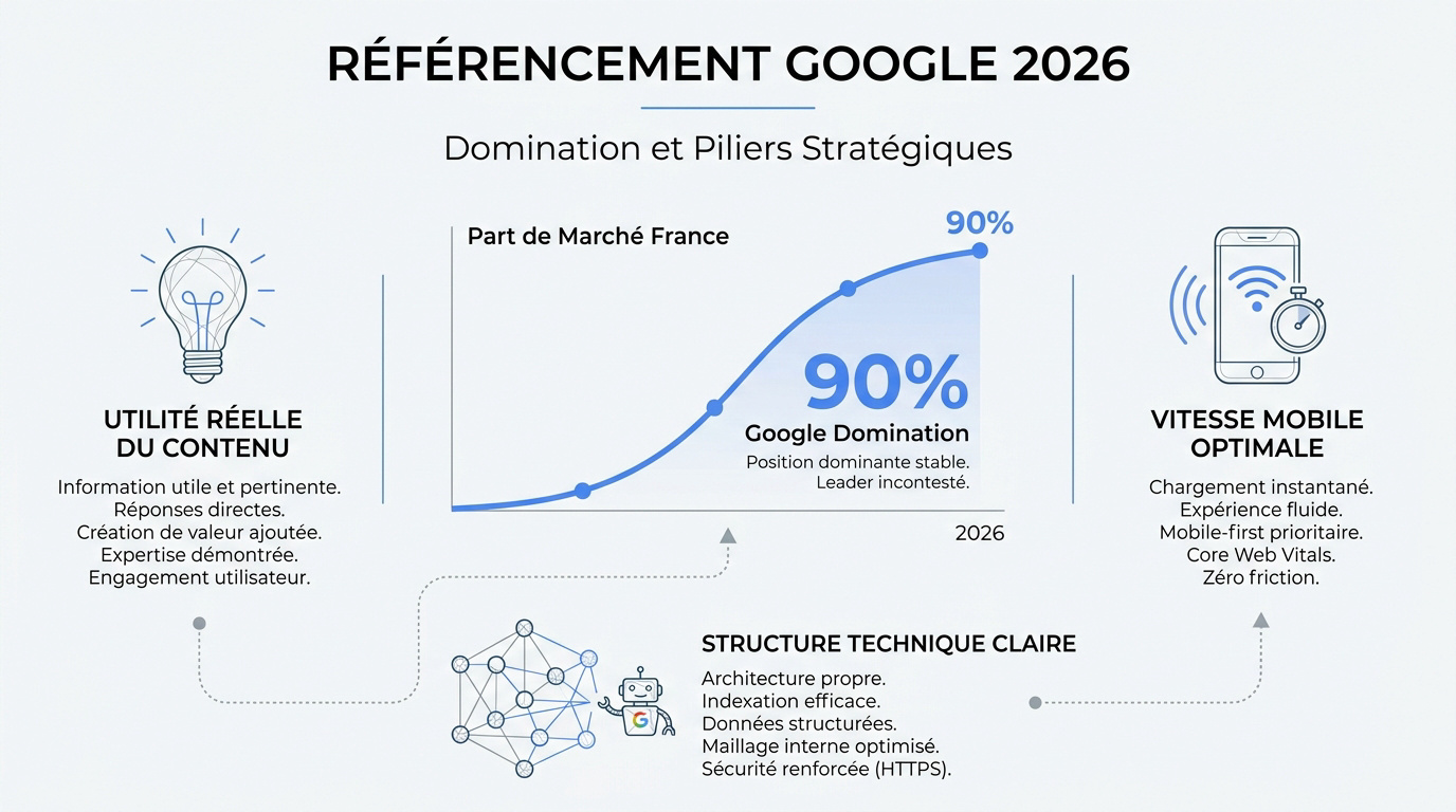 Illustration des piliers du référencement Google en 2026