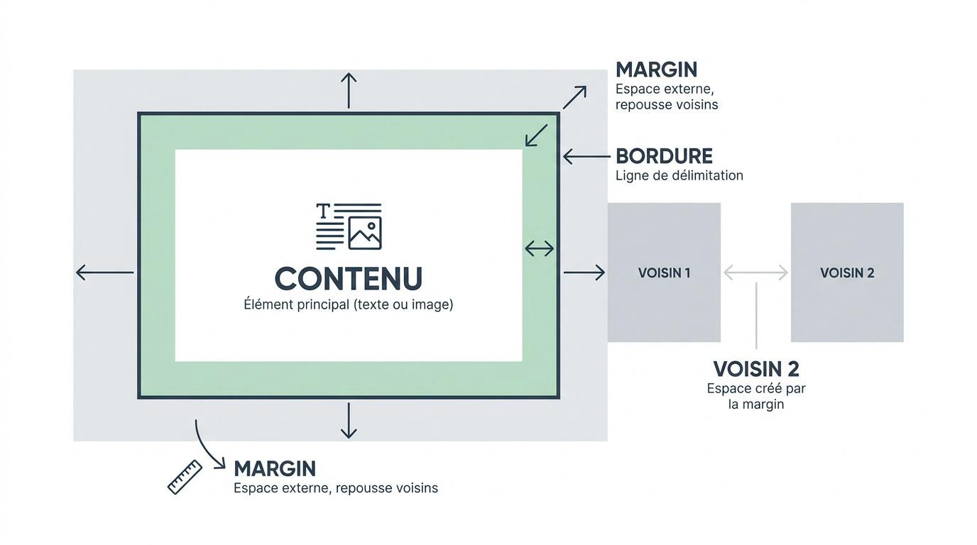 Schéma explicatif du modèle de boîte CSS montrant le contenu, le padding, la bordure et la marge