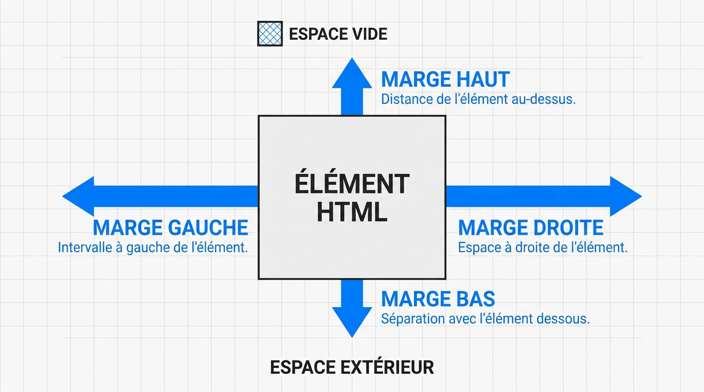 Schéma explicatif des marges CSS top right bottom et left autour d'un élément