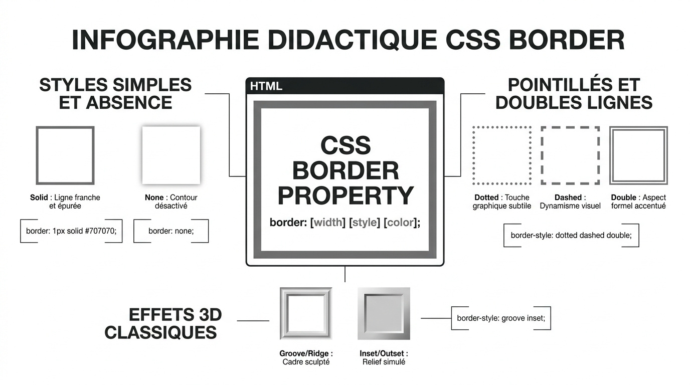 Infographie présentant les différents styles de bordures CSS comme solid, dotted et les effets 3D