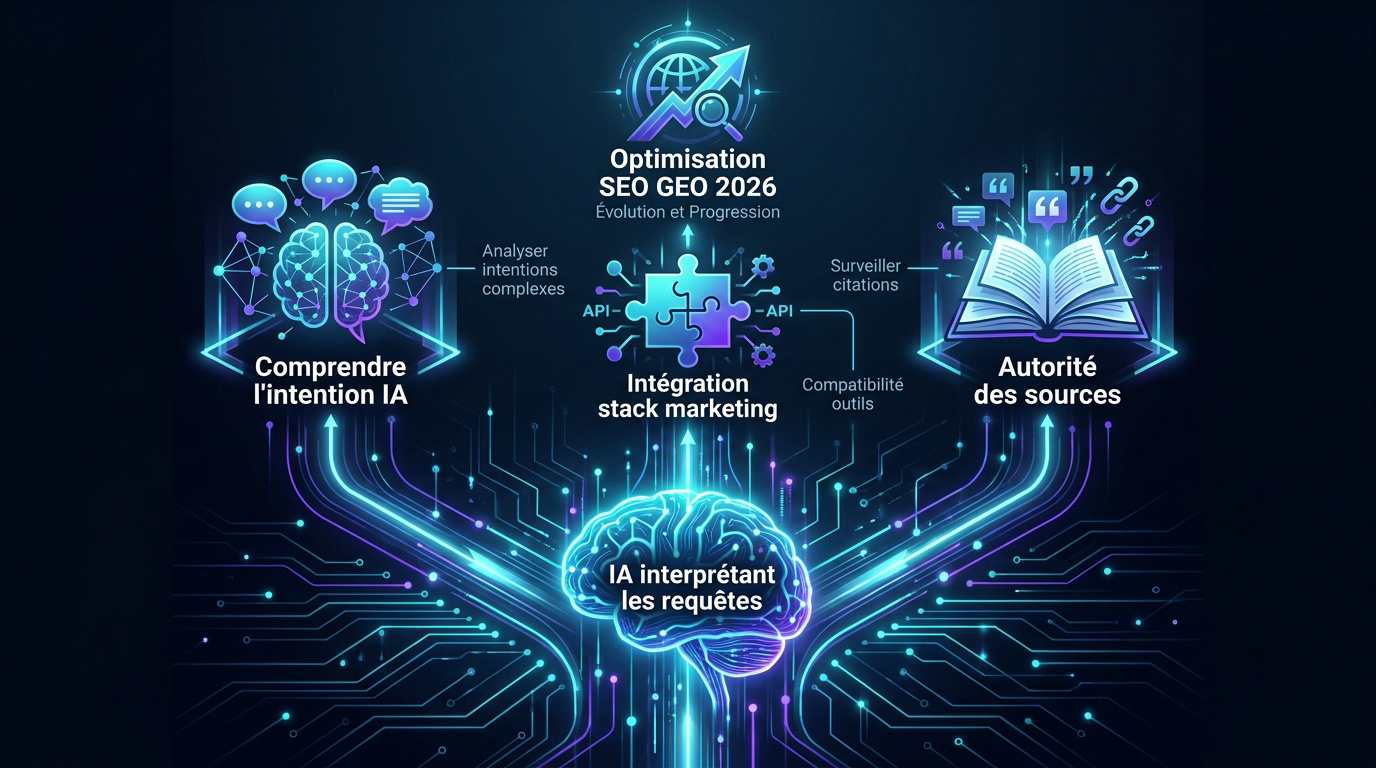 Infographie détaillant les critères de sélection d'un logiciel SEO et GEO pour l'ère de l'intelligence artificielle