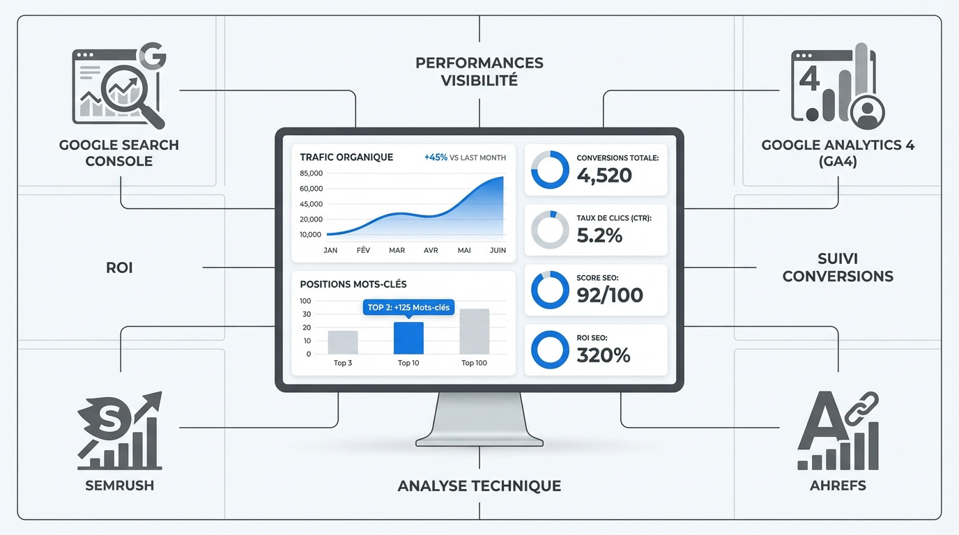 Interface d'un tableau de bord SEO dynamique centralisant les données Google Search Console et GA4